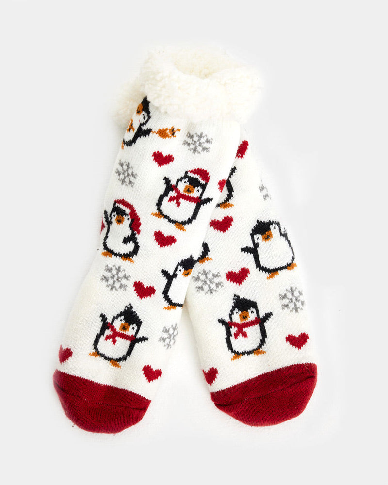 Calcetines de Navidad de Andar por Casa Blancos Pingüinos y Corazones
