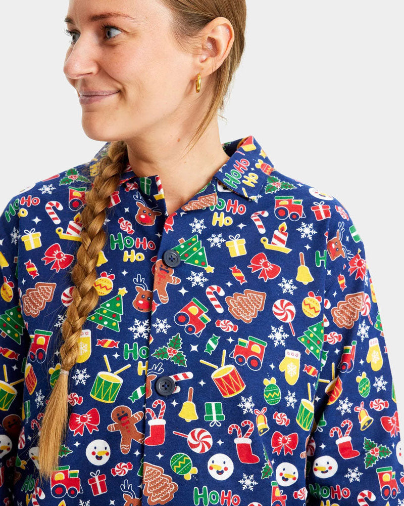 Mujer Pijama de Navidad para Familia Azul con Motivos Navideños