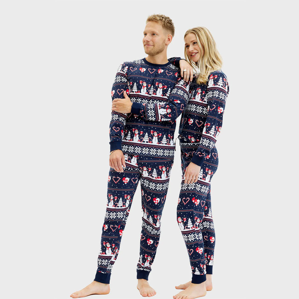 Pijama de Navidad para Hombre y Mujer Azul con Muñecos de Nieve y Corazones