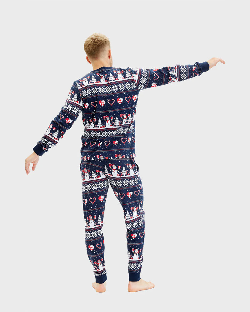 Pijama de Navidad Hombre Azul Muñecos de Nieve y Corazones