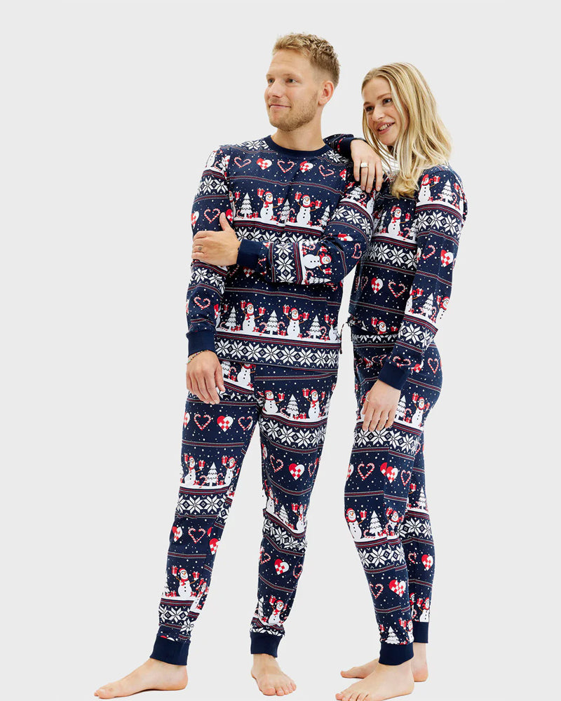 Pijama de Navidad para Mujer y Hombre Azul con Muñecos de Nieve y Corazones