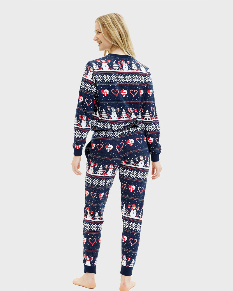 Pijama de Navidad Mujer Azul Muñecos de Nieve y Corazones