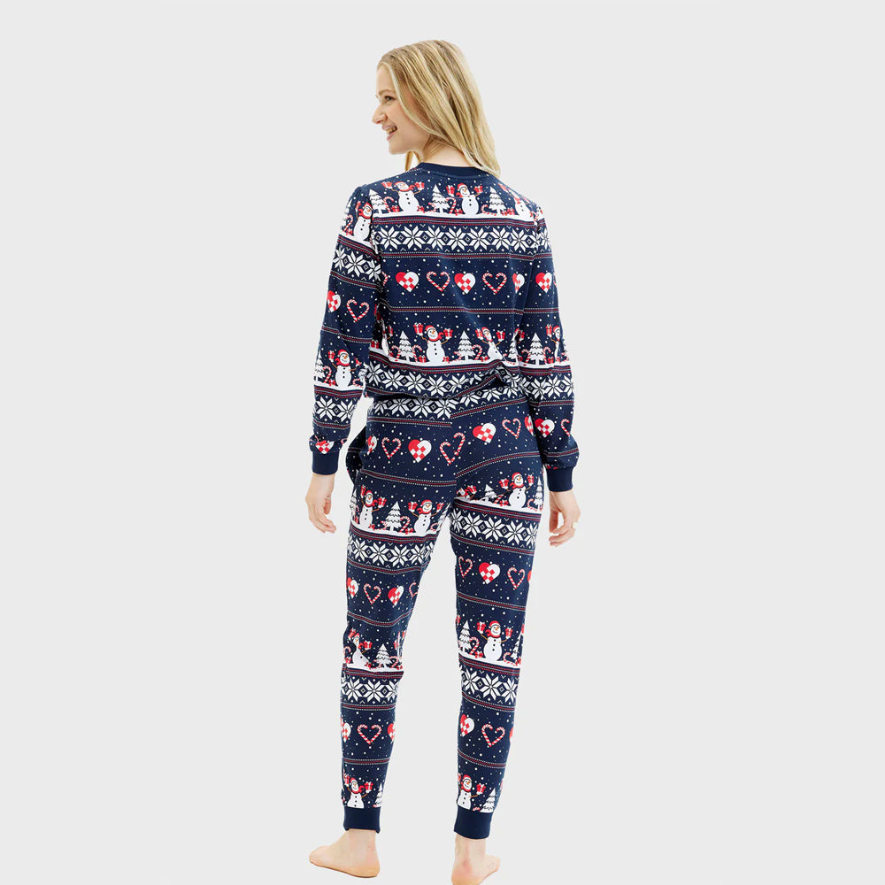 Pijama de Navidad Mujer Azul Muñecos de Nieve y Corazones