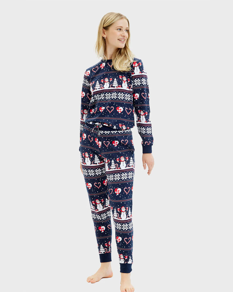 Pijama de Navidad para Familia Azul con Muñecos de Nieve y Corazones mujer