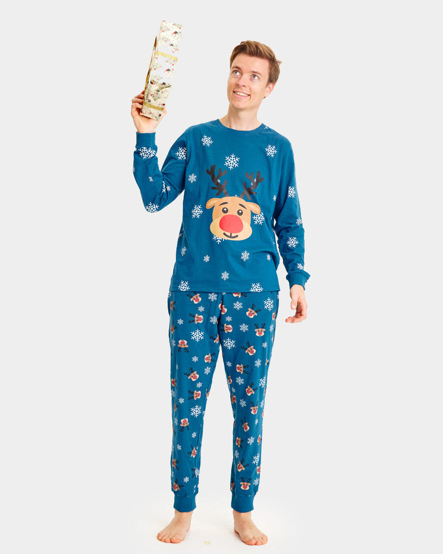 Pijama de Navidad Adultos Unisex Azul con Reno Rudolph Hombre