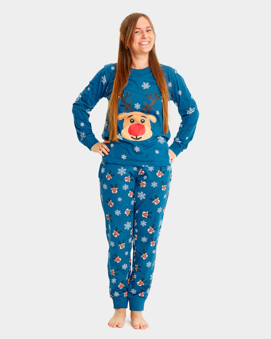 Pijama de Navidad para Familia Azul con Reno Rudolph mujer