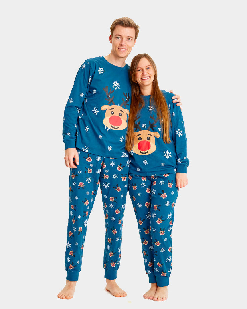 Pijama de Navidad para Familia Azul con Reno Rudolph pareja