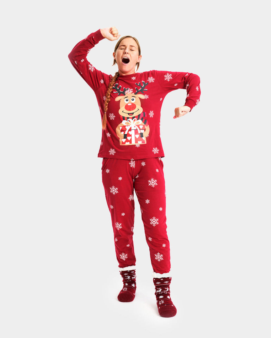 Pijama de Navidad Adultos Unisex Rojo Reno Rodolfo Mujer