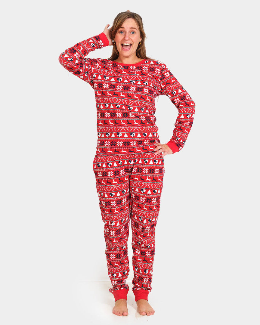 Pijama de Navidad para Familia Rojo con Renos y Árboles mujer