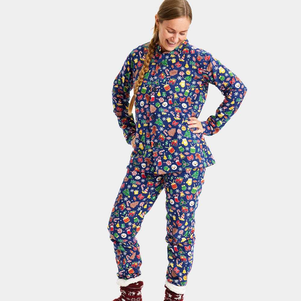 Pijama de Navidad para Familia Azul con Motivos Navideños Mujer