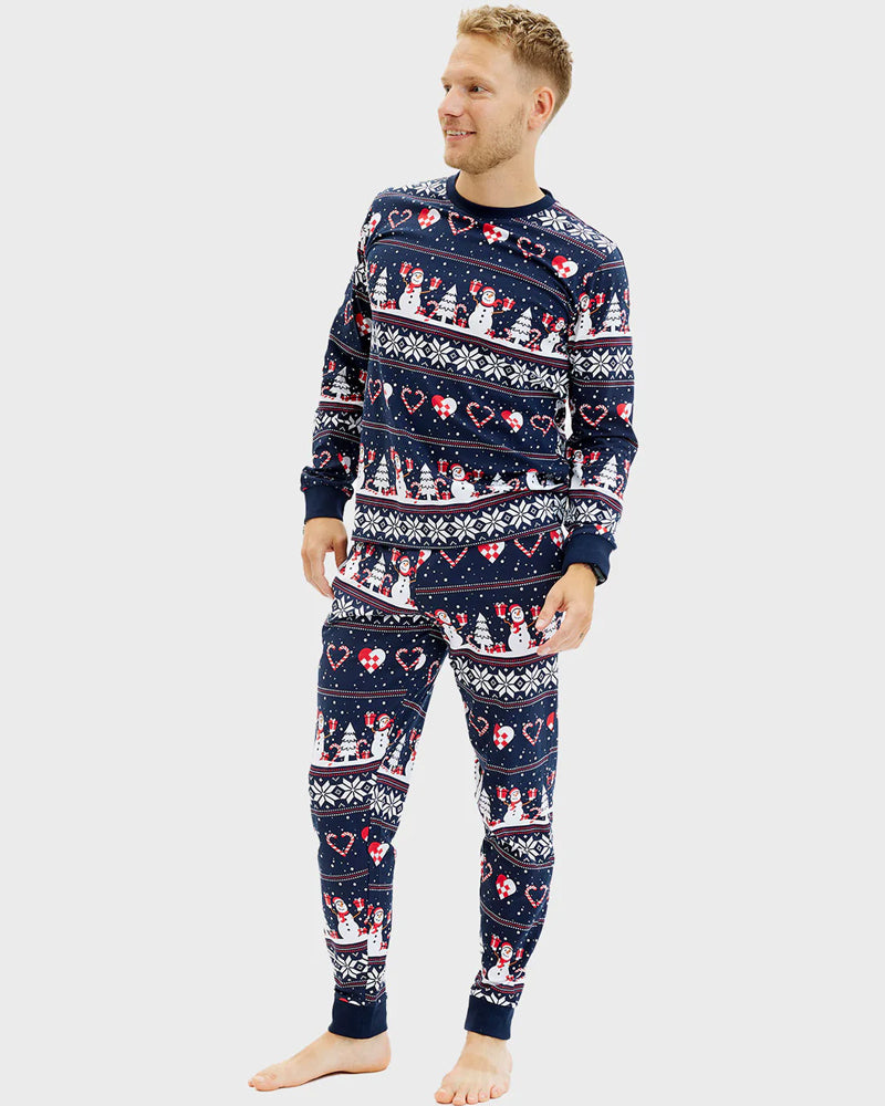 Pijama de Navidad Hombre Azul con Muñecos de Nieve y Corazones