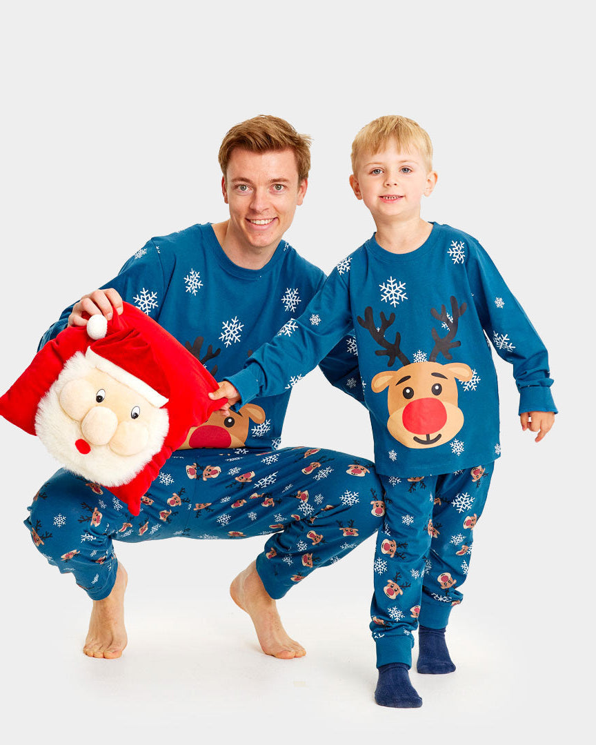 Pijama de Navidad para Familia Azul con Reno Rudolph