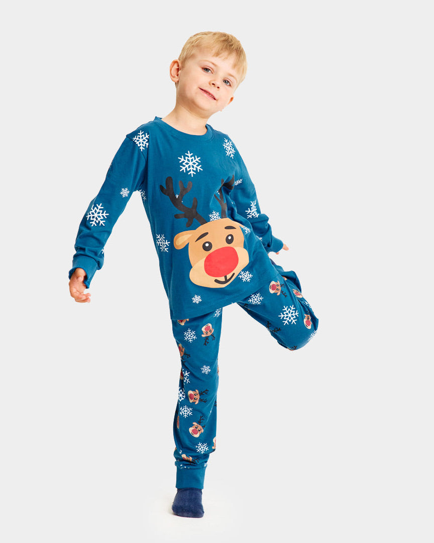 Pijama de Navidad para Familia Azul con Reno Rudolph niño