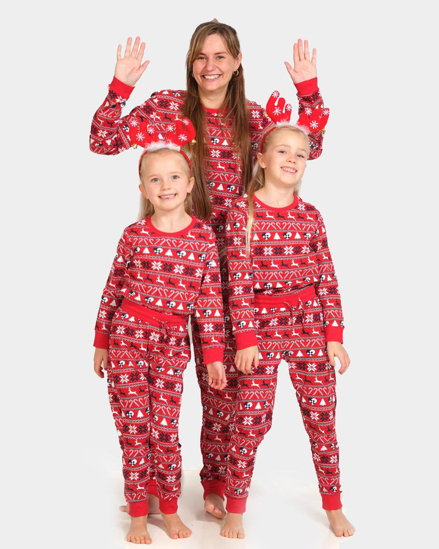 Pijama de Navidad para Familia Rojo con Renos y Árboles