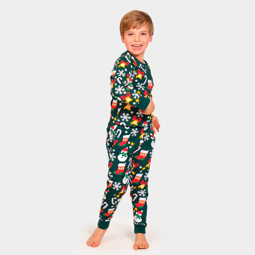 Pijama de Navidad para Niños Verde con Motivos Navideños