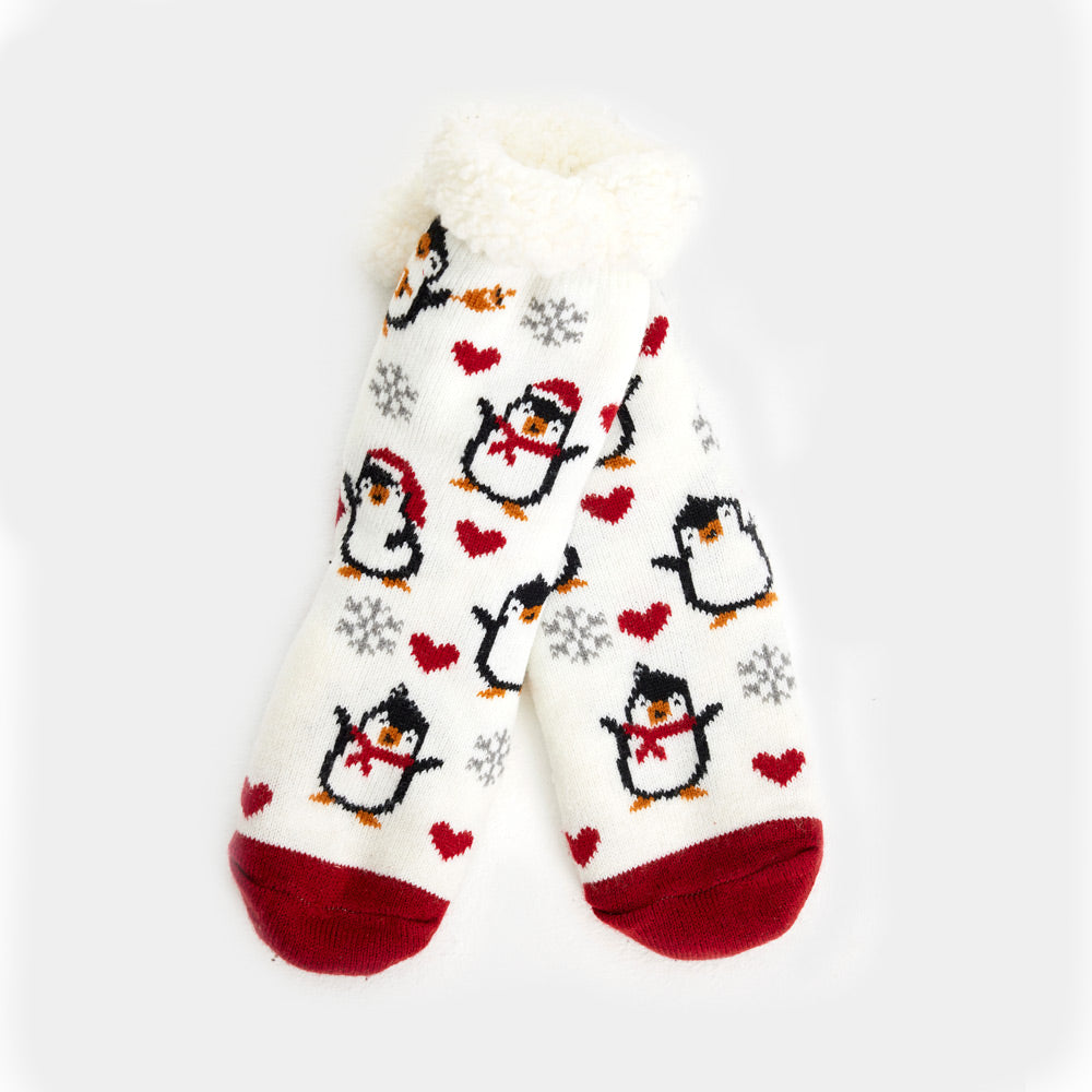 Calcetines de Navidad de Andar por Casa Blancos Pingüinos y Corazones