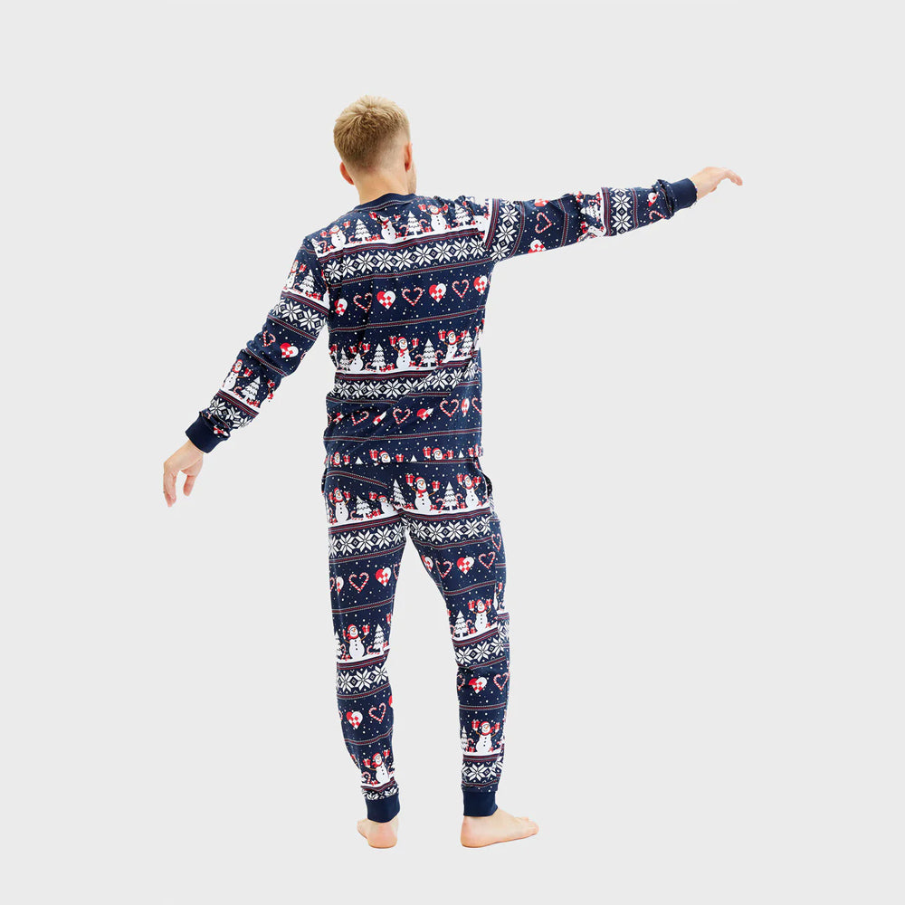 Pijama de Navidad Hombre Azul Muñecos de Nieve y Corazones