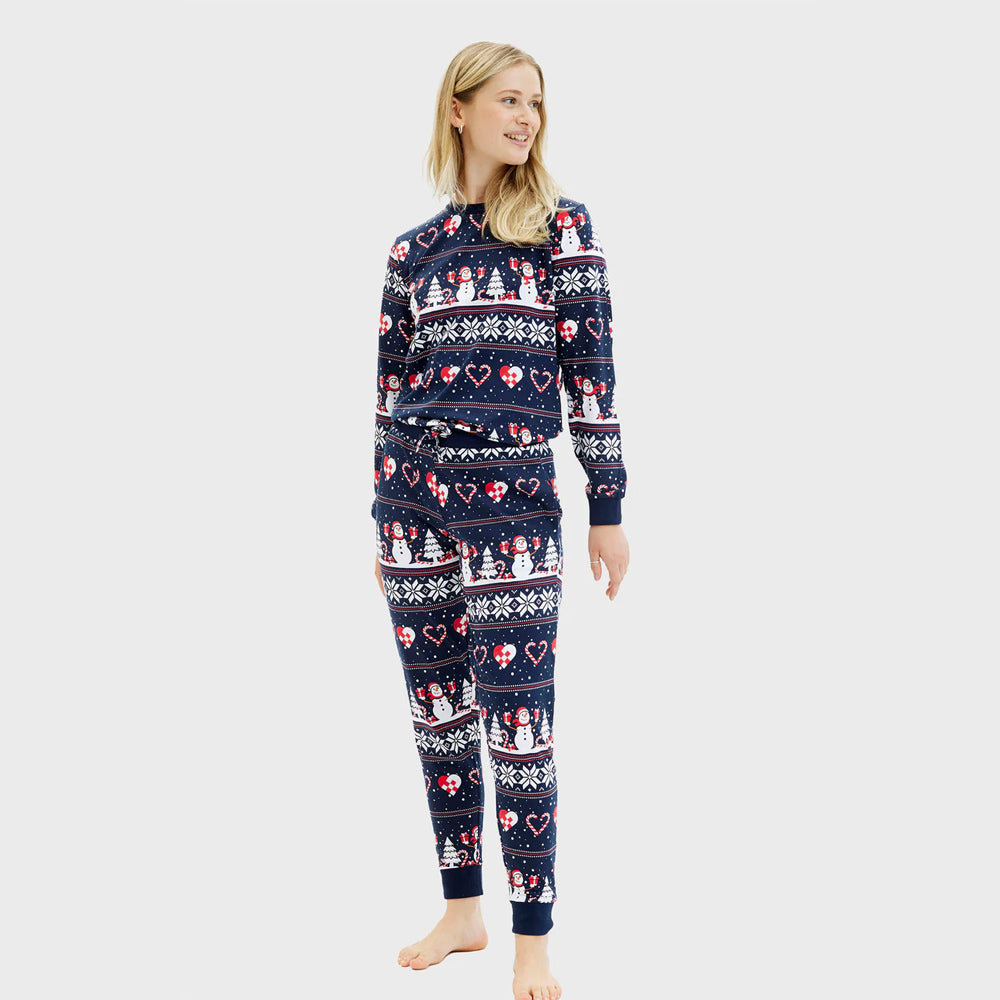 Pijama de Navidad para Familia Azul con Muñecos de Nieve y Corazones mujer