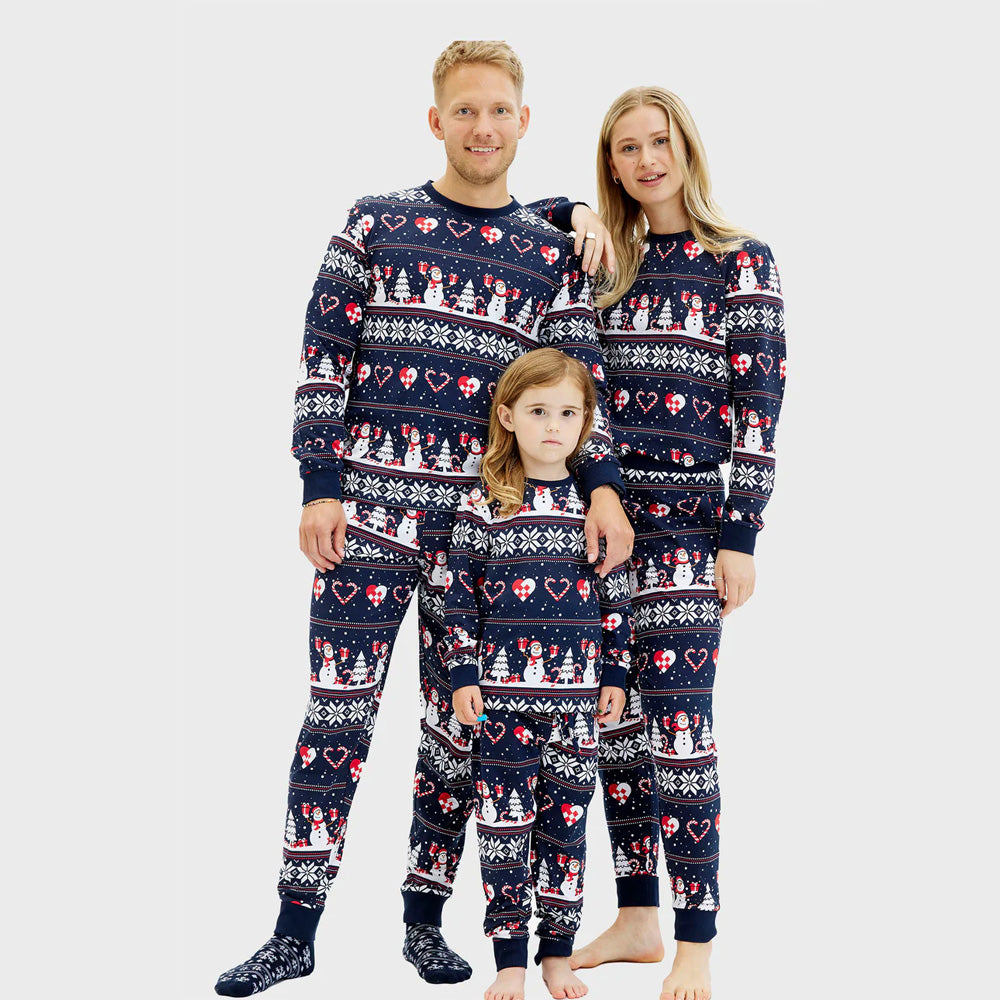Pijama de Navidad para Familia Azul con Muñecos de Nieve y Corazones