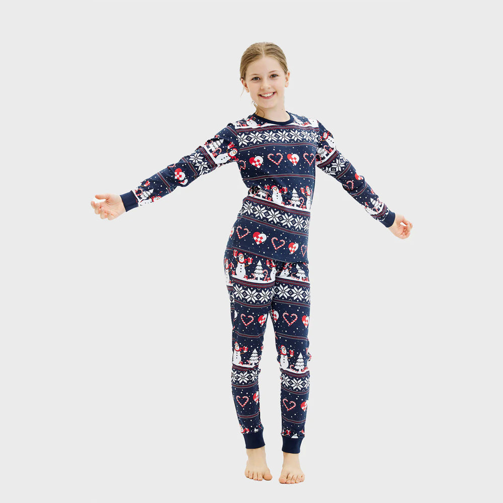 Pijama de Navidad Niños Familia Azul con Muñecos de Nieve y Corazones