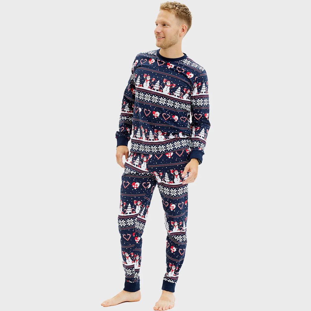 Pijama de Navidad Hombre Azul con Muñecos de Nieve y Corazones