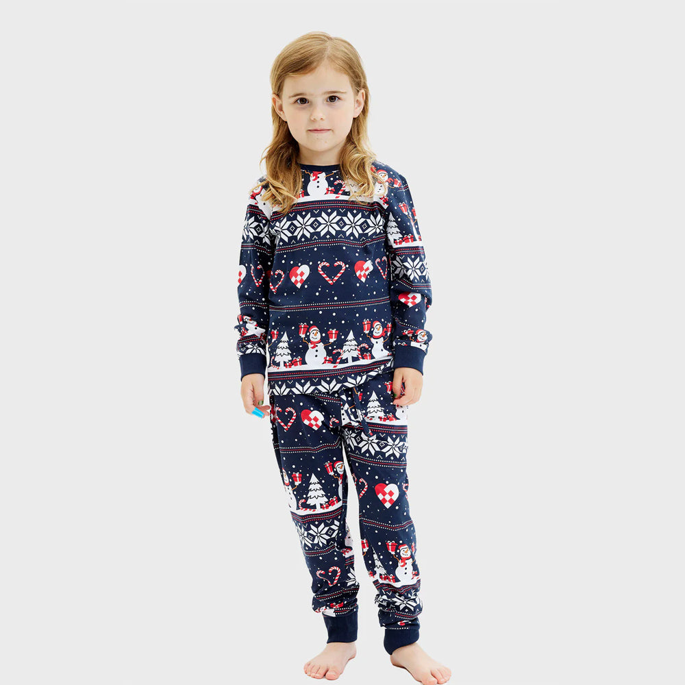 Pijama de Navidad Familia Niños Azul con Muñecos de Nieve y Corazones niño