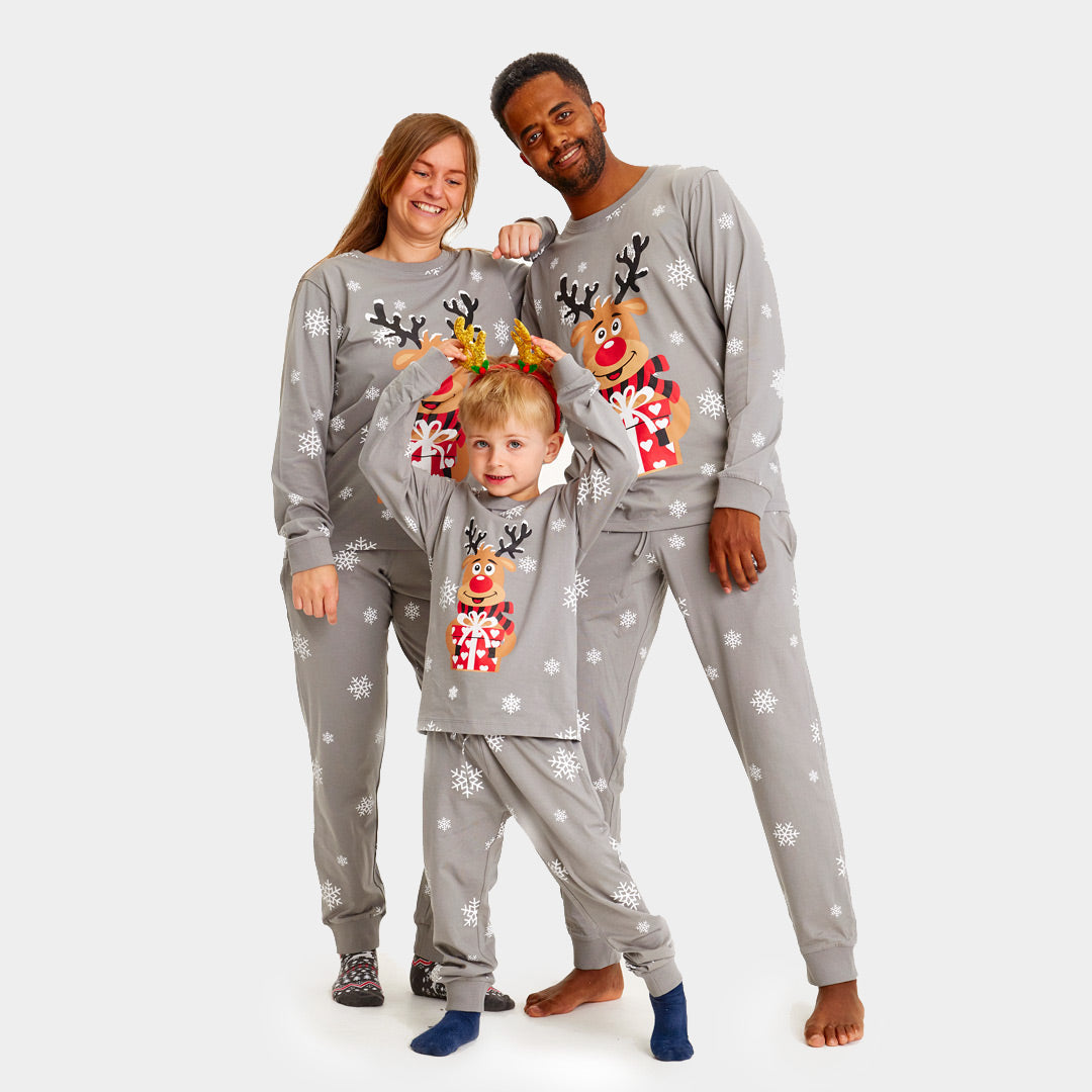Pijama de Navidad para Familia Gris Reno Rodolfo
