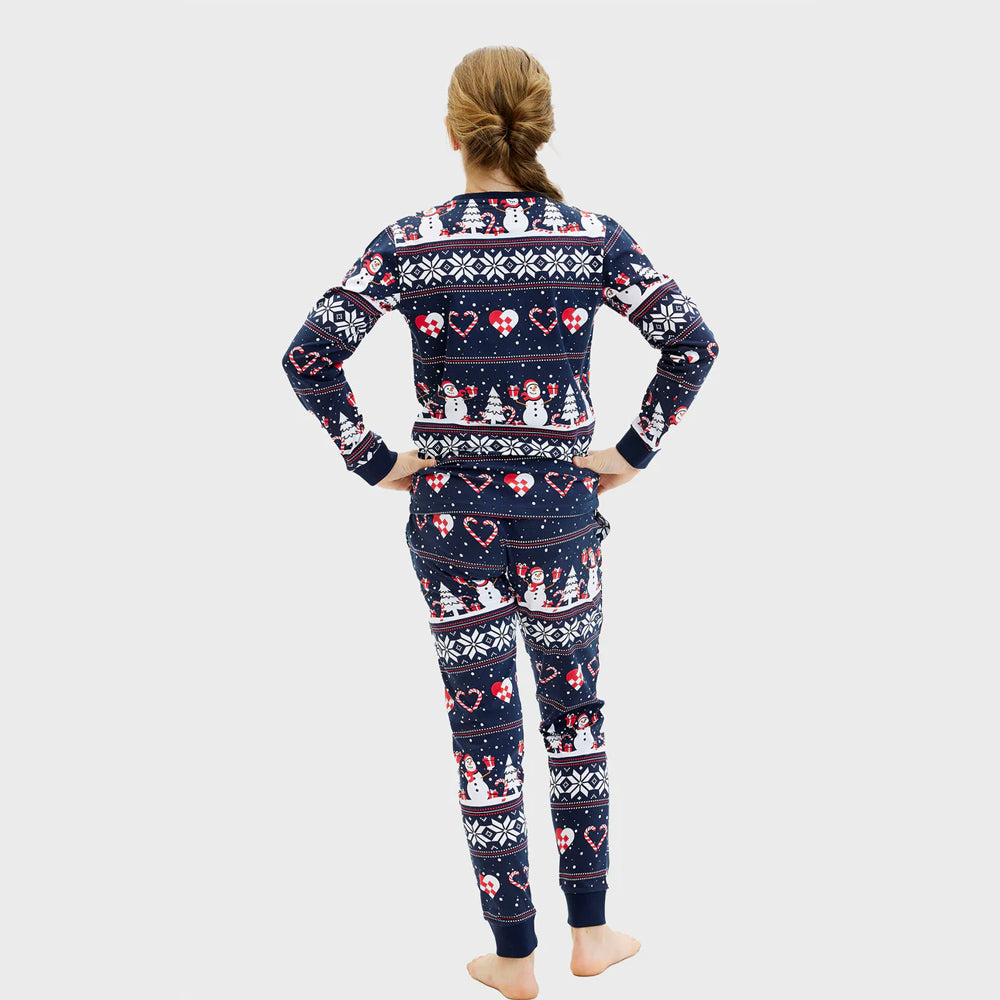 Pijama de Navidad Niños Muñecos de Nieve y Corazones Azul